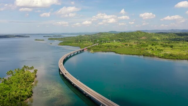 San Juanico Bridge connecting two islands in the Philippines. Road bridge between the islands, top view. Summer and travel vacation concept.
