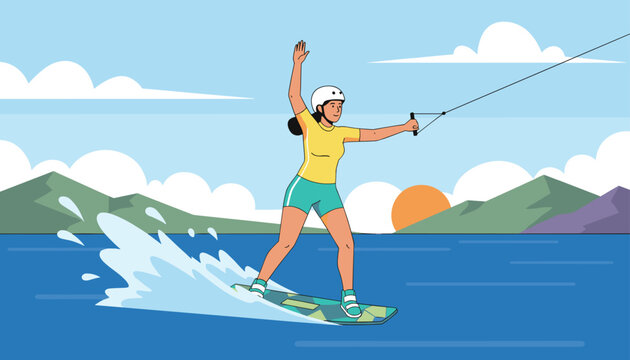 Active woman wakeboarding on a lake while holding a tow rope during a beautiful sunset with distant mountain peaks.