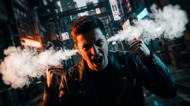 Angry young man in leather jacket showcasing furious facial expression, clenched fists and steam coming from ears, concept for stress overload and uncontrolled rage