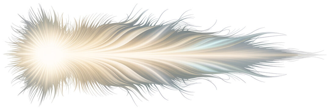 Realistic white and turquoise silk feather with soft pastel color gradient. Decorative plumage isolated on white background. Ethereal texture and airy design element.