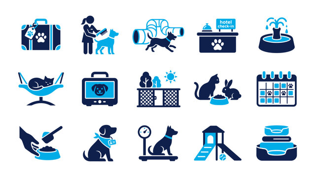 Pet care and hotel services in blue and dark blue colors