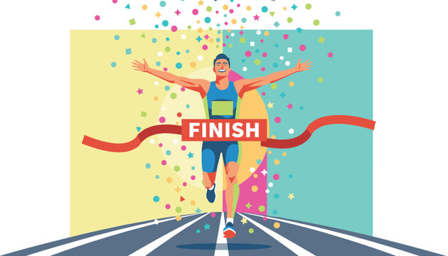 Determined male runner happily crosses the marathon finish line with arms wide open in celebration of his victory.