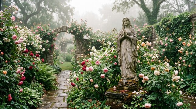fairy tale misty garden with stone statue and rose arch