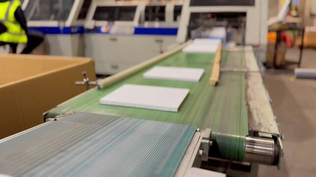 4K footage showing books moving through an automated factory production line on a conveyor belt, capturing the industrial manufacturing process with authentic ambient machinery and mechanical sounds.