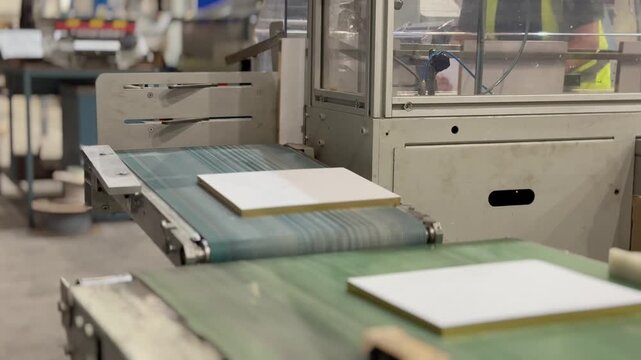 Close industrial footage of finished books travelling along a factory conveyor during production, revealing the scale of modern publishing with natural factory ambience and working machinery audio.