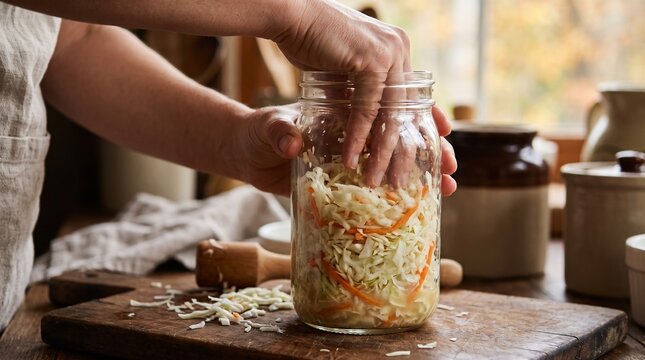 H&auml;nde f&uuml;llen frischen Wei&szlig;kohl in ein Einmachglas, Zubereitung von hausgemachtem Sauerkraut und Fermentation