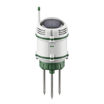Smart soil sensor device measures agricultural parameters isolated on a white background.