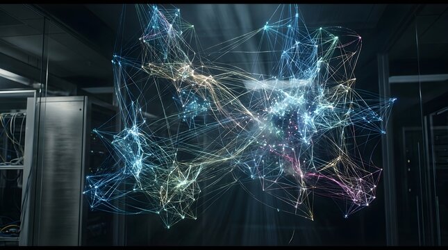 A glowing network of lines and nodes hangs in the air. Servers are in the background.
