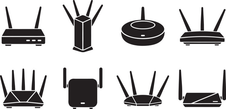Modern wireless internet wifi router and broadband modem icons