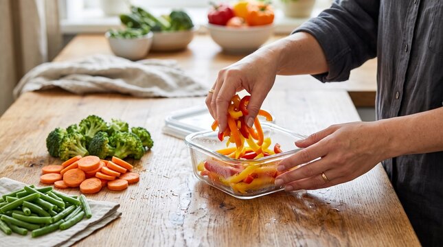 H&auml;nde f&uuml;llen geschnittenes frisches Gem&uuml;se in einen Glasbeh&auml;lter, Meal Prep und Vorratshaltung