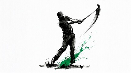 Fototapeta premium Ink illustration of a male golfer swinging a club with green splatters