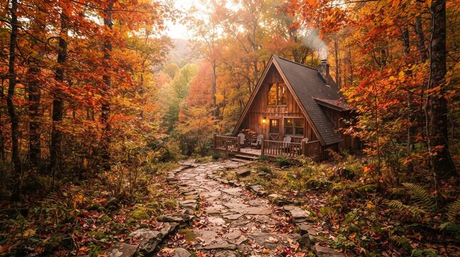 A-frame wooden cabin surrounded by vibrant autumn trees, colorful fallen leaves and warm sunlight, creating a cozy seasonal forest retreat.