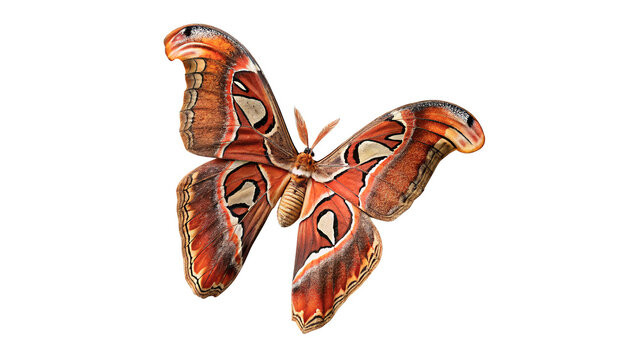A large beautiful atlas moth insect bug isolated on transparent background.