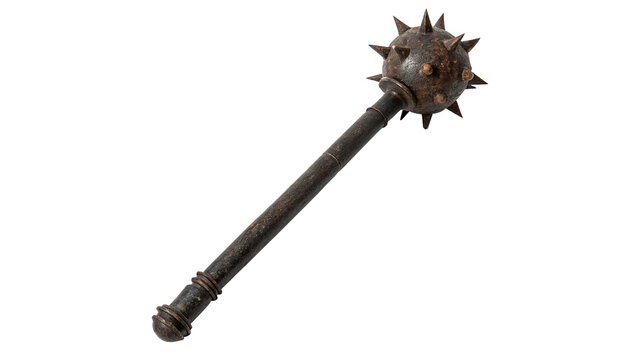 A historical medieval metal mace weapon flail isolated on transparent background.