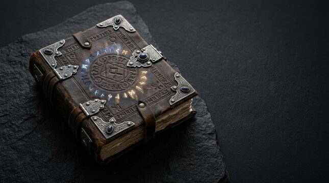 Ancient Leather Spellbook with Glowing Runes on Dark Basalt Stone Background