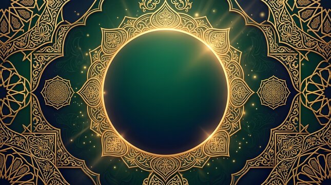Luxurious Islamic background featuring intricate gold geometric motifs, arabesque elements, and a glowing center circle frame. Ideal for Ramadan and Eid celebrations
