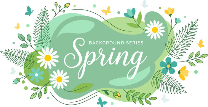 Spring background features decorative floral illustrations with green botanical elements and white daisies.