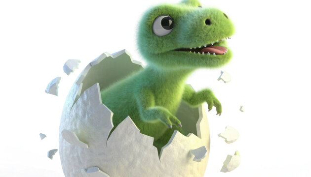 Cute Cartoon Baby T-Rex Hatching from Egg Isolated on White