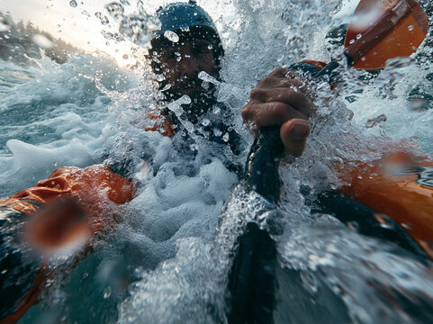 Whitewater Kayaker Navigating Fast Rapids with Water Splashing
