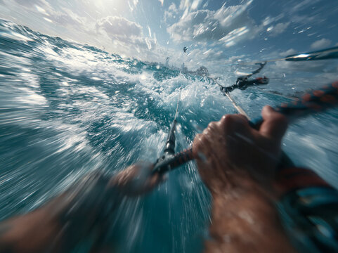 POV View of Kitesurfer Holding Bar Riding Ocean Waves