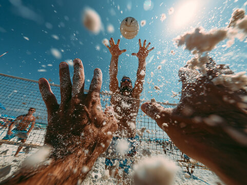 POV Shot of Men Playing Beach Volleyball on Sunny Beach
