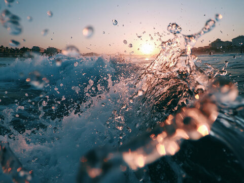 Ocean Wave Splashing Water Droplets at Golden Sunset