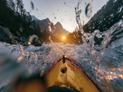 POV Whitewater Kayaking on Rapid Mountain River at Sunset