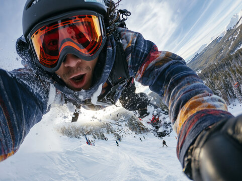 Snowboarder Taking Action Selfie on Snowy Mountain Slope