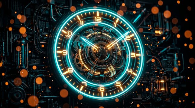 Futuristic glowing neon clock displaying luminous blue numbers, intricate mechanical gears and orange bokeh lights, concept for digital time management and advanced technology