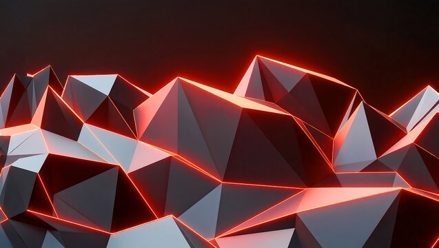 Low poly mountain landscape with glowing red neon outline on dark background, abstract polygonal terrain formation with fiery edge light, futuristic minimal 3D digital art render backdrop
