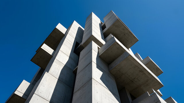 Low angle view of modern brutalist concrete building with geometric cantilevered blocks against clear blue sky
