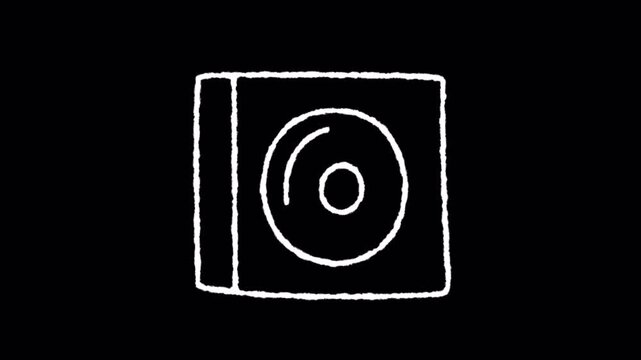 Animated white hand drawn CD case icon on black background.