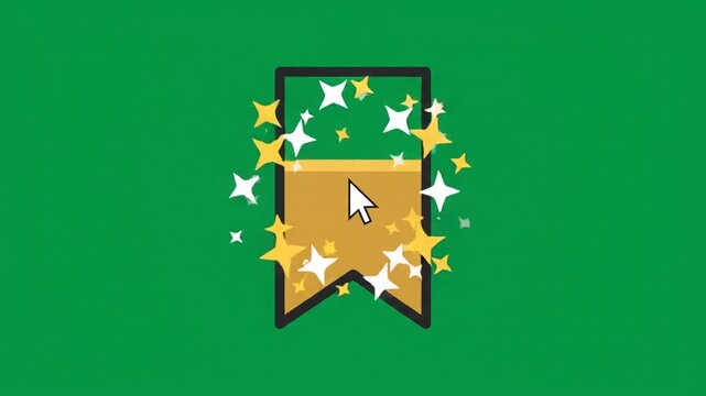 Animated bookmark icon with sparkling stars. Flat vector ribbon with cursor click on green background. Digital favorite and save button animation.