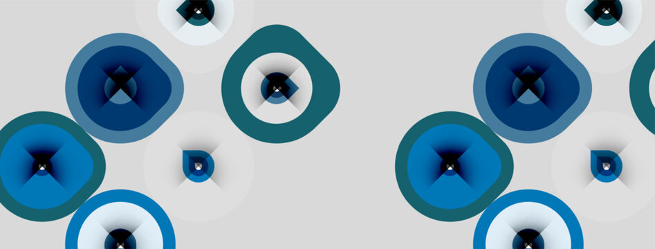 Abstract pattern features concentric circles, varying shades blue, gray background. Shapes overlap creating dynamic visual texture.