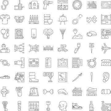 Large assortment of black linear icons and pictograms for web and app ui, minimal outline symbols of objects, tools, services, activities and concepts for modern interfaces