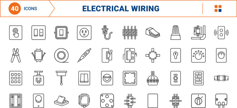 Switch Box Wiring line icon set. Vector pictograms of electrical, switch, outlet, and junction elements, thin linear illustration.