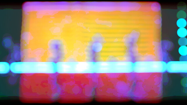Abstract blurred neon stage light display with cyan horizontal streak and colorful bokeh for party backdrop template