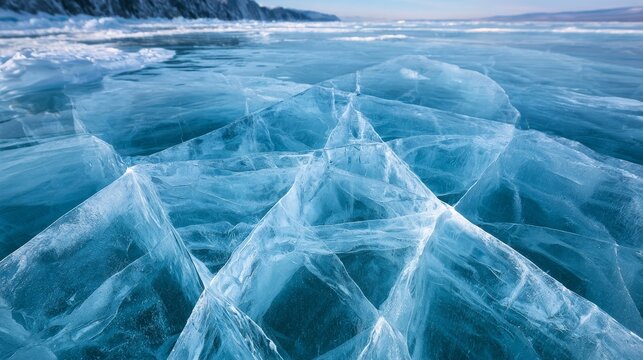 Cracked transparent blue ice on a frozen lake