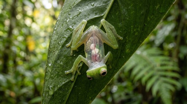 Glass Frog Clinging Upside Down Beneath a Tropical Leaf