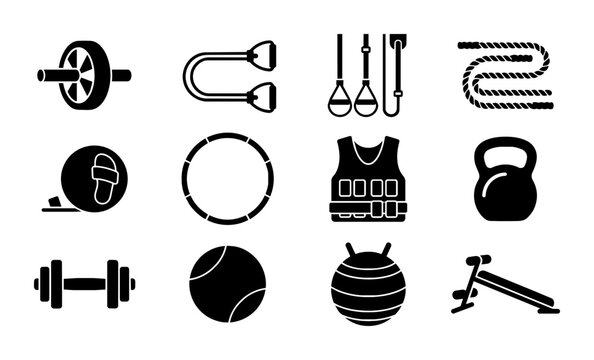 Fitness Equipment Icons Set, Gym Workout Gear Collection, Strength Training Tools Vector Graphics, Exercise Accessories Graphics
