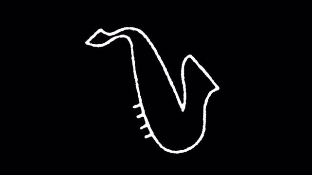 Minimalist hand drawn animation of a saxophone appearing on black background.