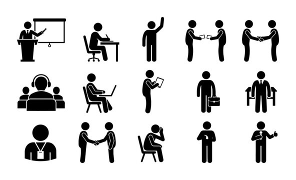 Business Icon Set: Professional People Silhouettes for Presentations, Meetings, and Office Work, 15 Vector Graphics