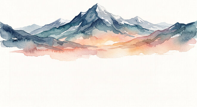 Watercolor illustration of mountain peak and warm sunrise horizon with copy space on textured off-white paper, symbolizing achievement and goals