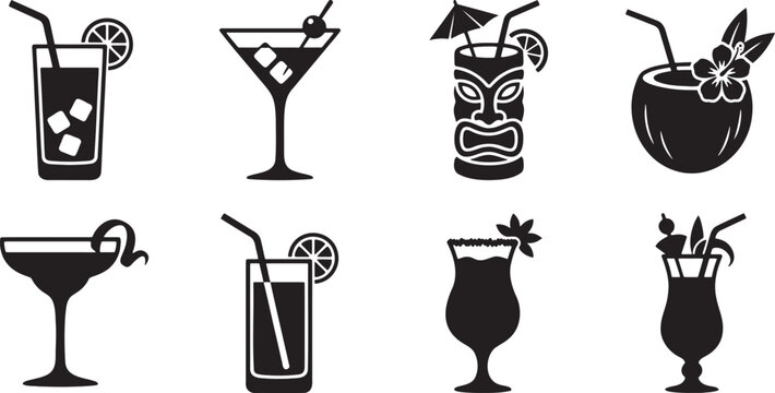 Summer cocktails tiki cups and tropical coconut drink icons