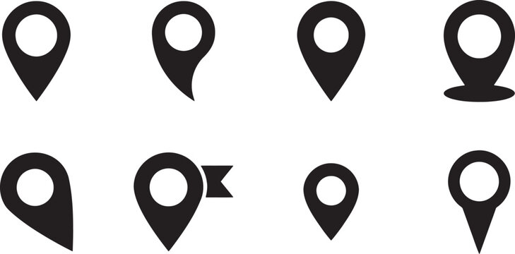 Map pin location marker and GPS navigation pointer icons