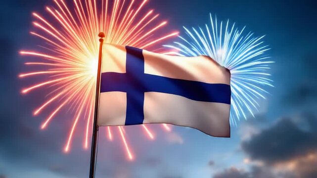 Waving finnish flag during golden and blue firework show