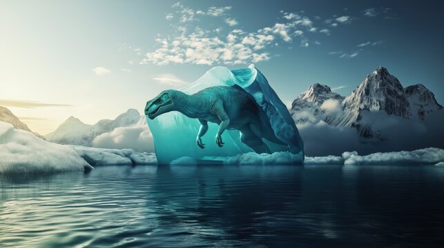 Frozen dinosaur encased in iceberg floating in arctic waters with snowy mountains in the background, prehistoric concept art