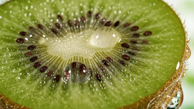 Close-up of fresh sliced kiwi fruit with water splashing and droplets