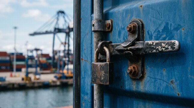 Locked blue shipping container door handle with a metallic padlock at a busy industrial port terminal with harbor cranes in the blurred background