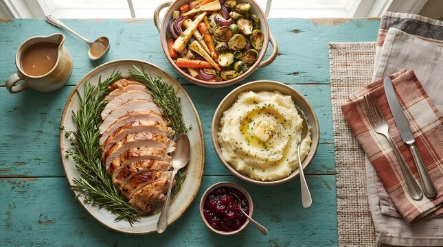 Top view of a traditional thanksgiving dinner with sliced roasted turkey, mashed potatoes, roasted vegetables, cranberry sauce, and gravy on a rustic blue table